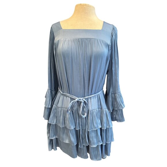 Free People Blue Ruffled Mini Dress With Tie Waist & Bell Sleeves - Size L - Picture 1 of 8